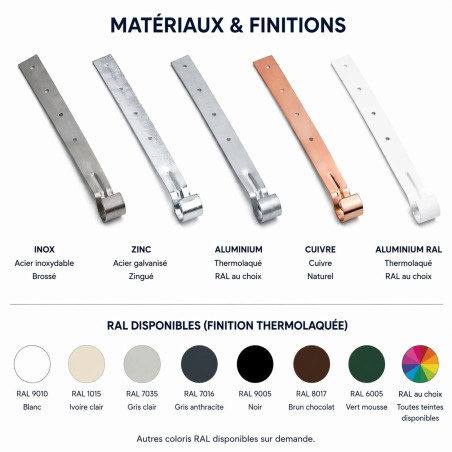 tirant de gouttière différentes matières et différents RAL aluminium