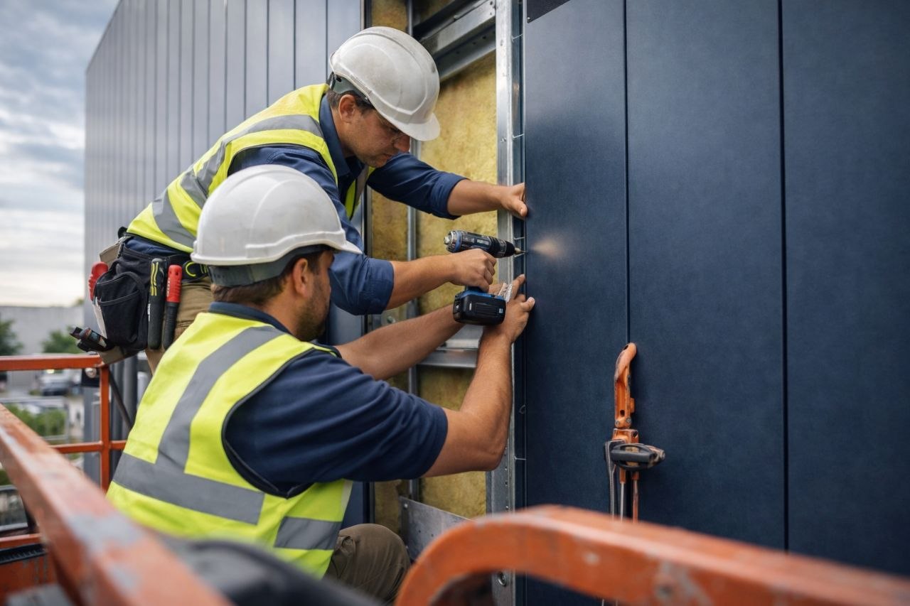 Pose bardage aluminium en chantier