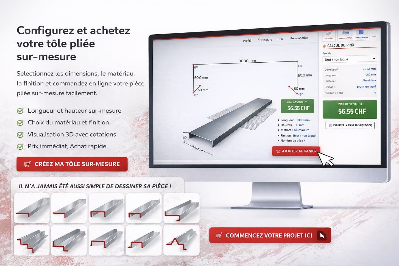 Benutzeroberfläche des SuissePliage-Blechbiegekonfigurators — Masseingabe, 3D-Visualisierung und Sofortpreis in CHF